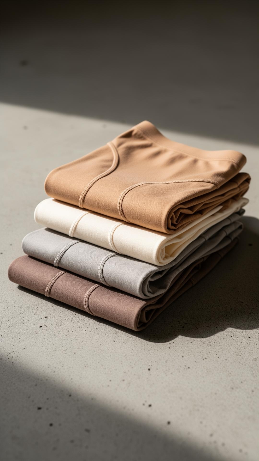 Folded stack of seamless underwear in warm neutral tones